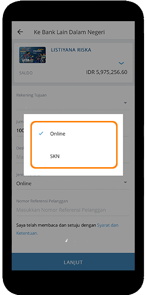 mandiri online app pilih jenis transfer