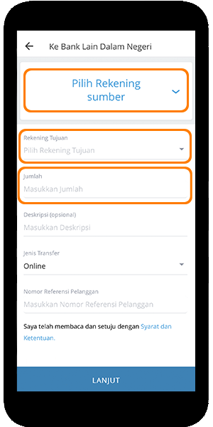 mandiri online app sumber rekening, tujuan dan jumlah