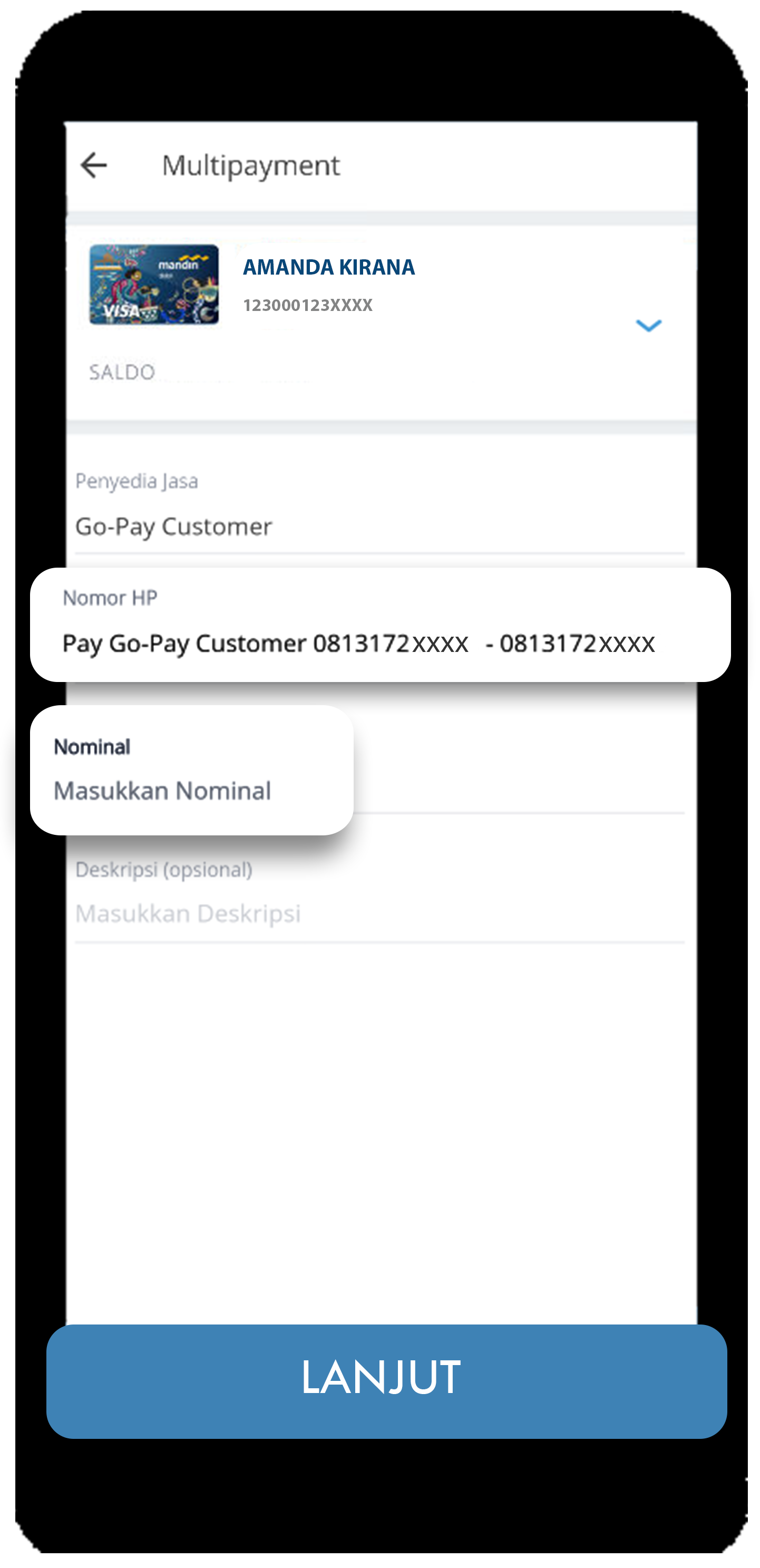 mandiri online app nomor hp dan nominal