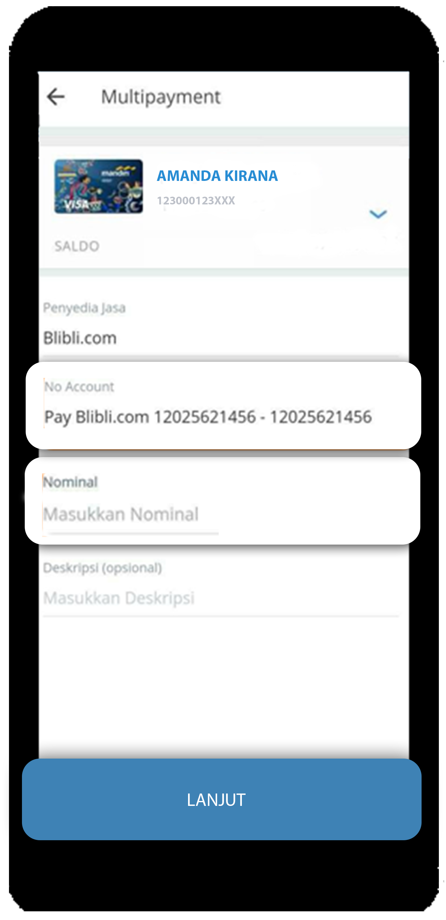 mandiri online app isi nomor account dan nominal bayar blibli.com